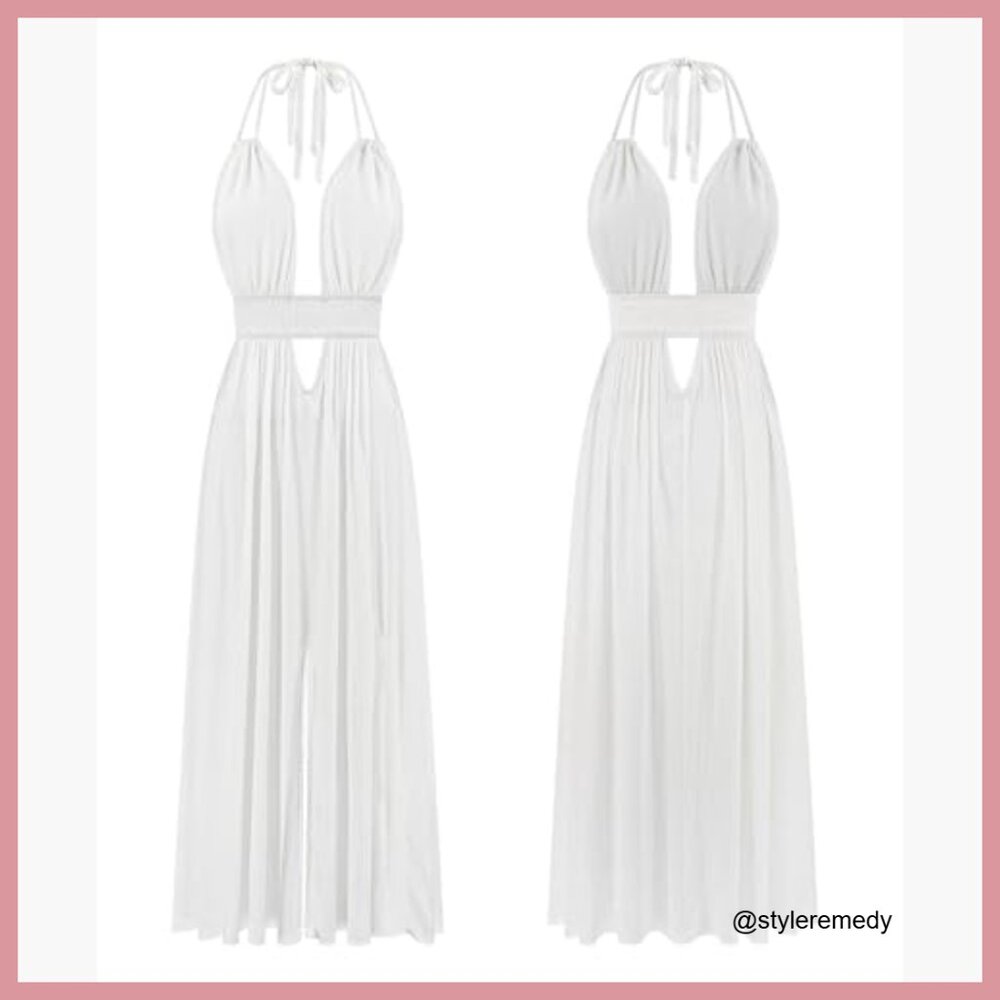 Rayon Cotton Boho Maxi Dress Sleeveless Halter Backless Slit - Picture 5 of 6